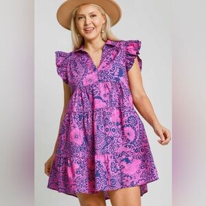 Umgee Full Size Printed Ruffle Cap Sleeve Babydoll Dress🆕